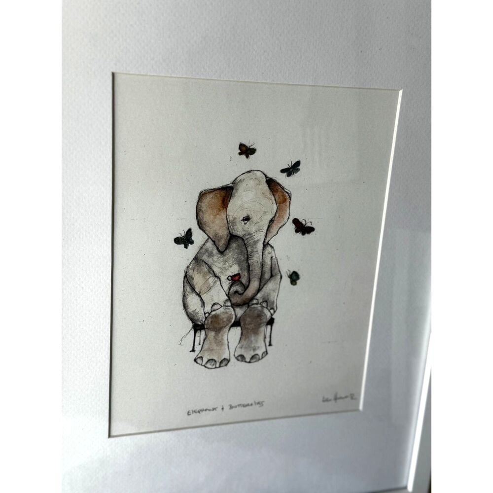 Beautiful Original Lisa Hurwitz drawing; Elephant and Butterflies framed - Picture 3 of 9